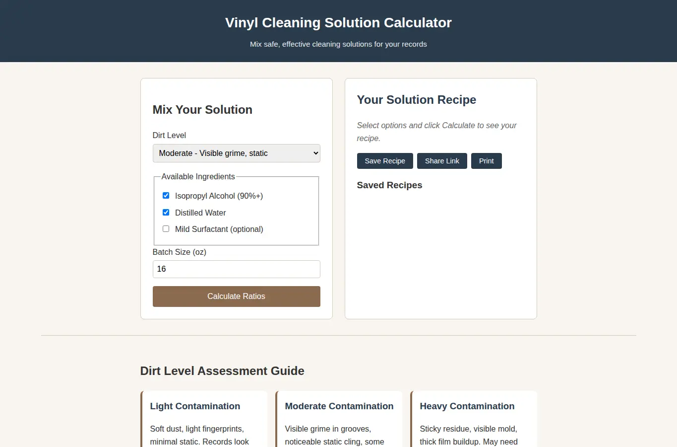 Screenshot of Vinyl Cleaning Solution Calculator interface showing the project page in use